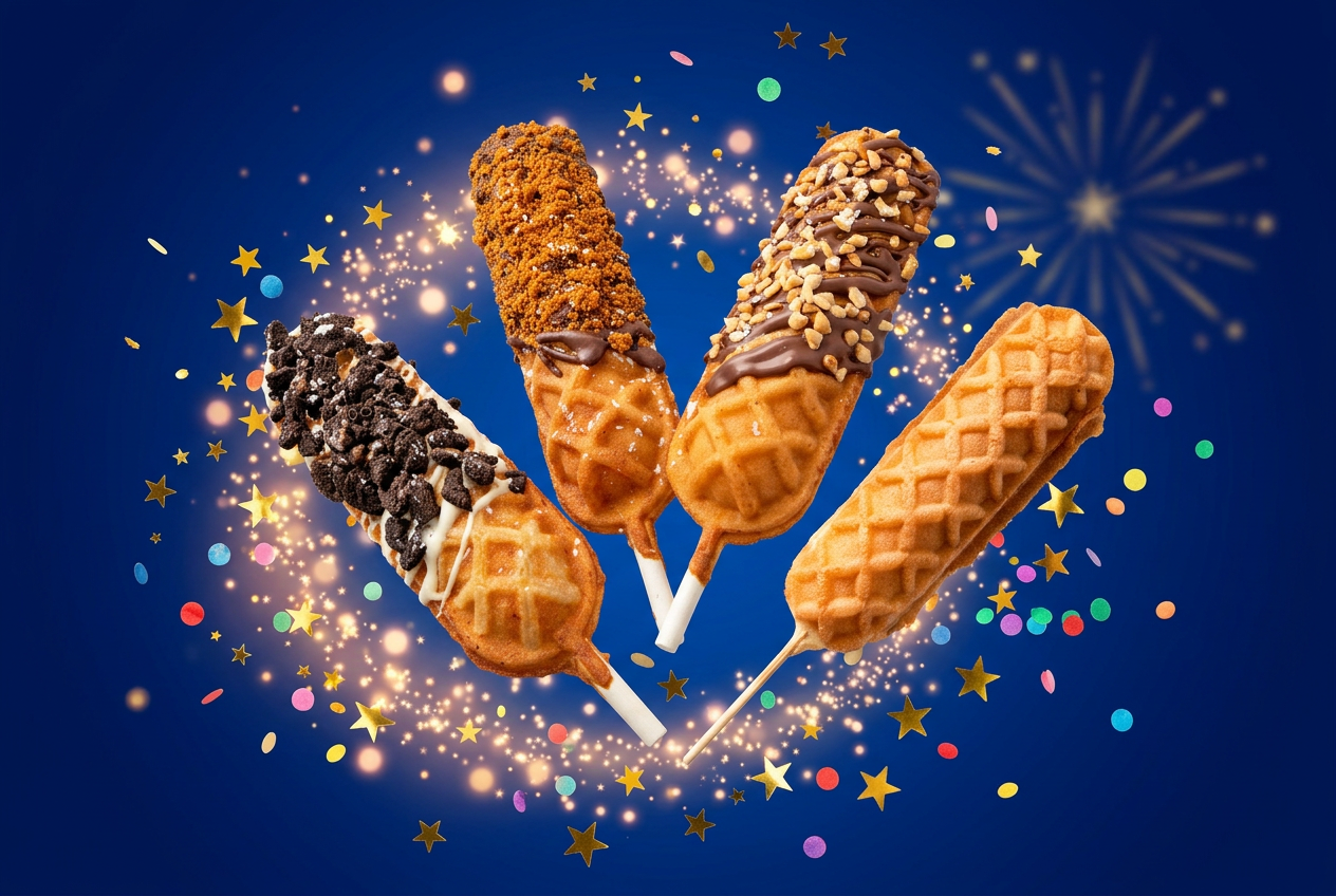 Colorful waffle pops on sticks with sprinkles and gold stars